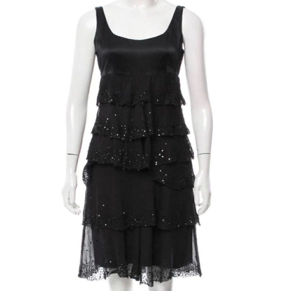 Diane VonFurstenberg Silk Tiered Sequin Tiara Cocktail Dress Size 4 Black